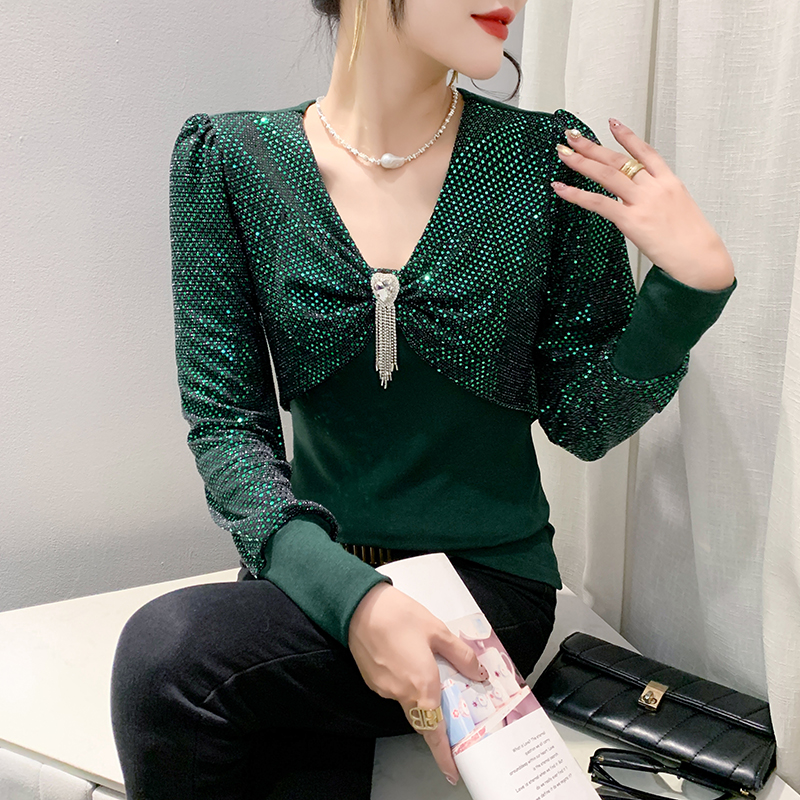 패션 새로운 스팽글 나비 매듭 티셔츠 여성 가을 겨울 다용도 몸매 가꾸기 슬림해 보이는 기본 셔츠 작은 대중 프랑스식 맨위