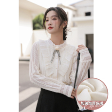 实拍2023秋冬新款加绒高领蕾丝衫雪纺衬衫上衣气质打底衫仙女