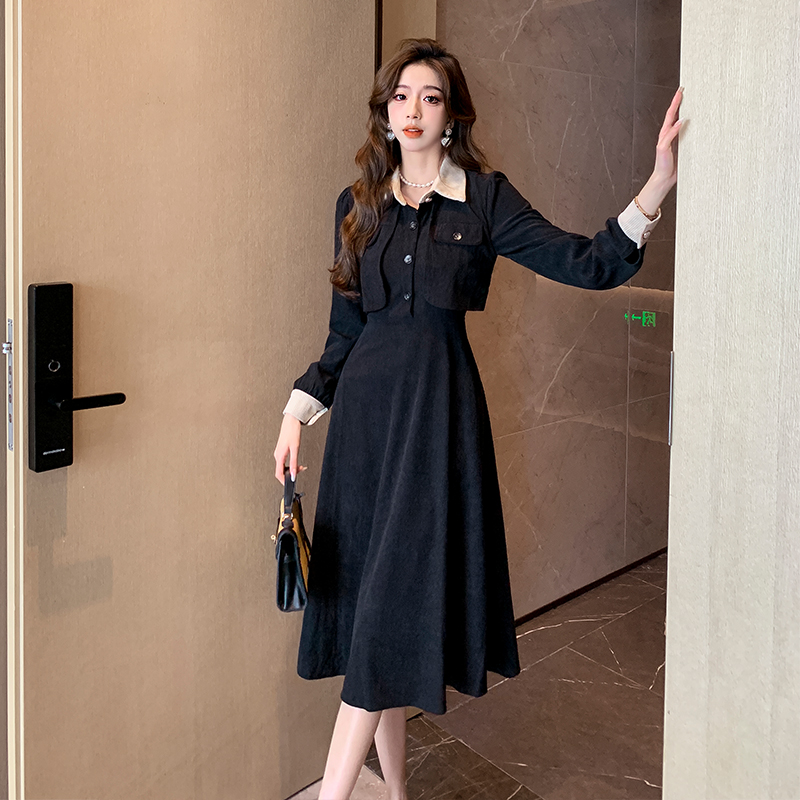 RM25669#法式赫本黑色灯芯绒连衣裙初秋季新款女装搭配一整套长袖长裙