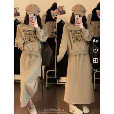 批发实拍~韩系复古<b class='q'>休闲</b>设计感印花圆领卫衣松紧腰直筒中长款半身裙