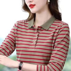 批发条纹长袖t恤女士<b class='q'>春</b>秋装纯棉翻领2025新款中年妈妈有领上衣打底衫