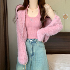 批发实拍实价 新版韩风设计感软糯水貂绒开衫外套+内搭背心套装