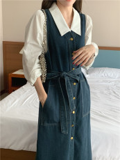 实拍实价 韩版法式复古内搭衬衫+牛仔系带背心裙套装