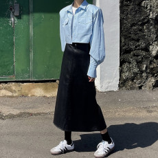 批发已出货 复古气质松紧高腰显瘦<b class='q'>中长款</b>开叉pu皮半身裙子