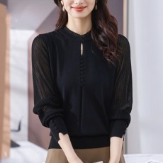 秋季新款立领羊毛衫女气质妈妈毛衣针织打底衫洋气蕾丝桑蚕丝上衣