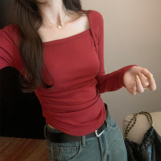实拍图不规则方领加绒t恤女长袖秋冬新款内搭打底衫修身显瘦短款