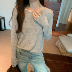 实拍图休闲圆领长袖T恤女秋季2023年新款宽松韩版百搭上衣