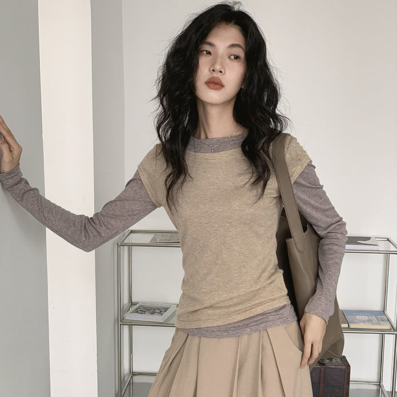 Fake two-piece commuting long-sleeved T-shirt for women autumn new inner wear outer top bottoming shirt ins