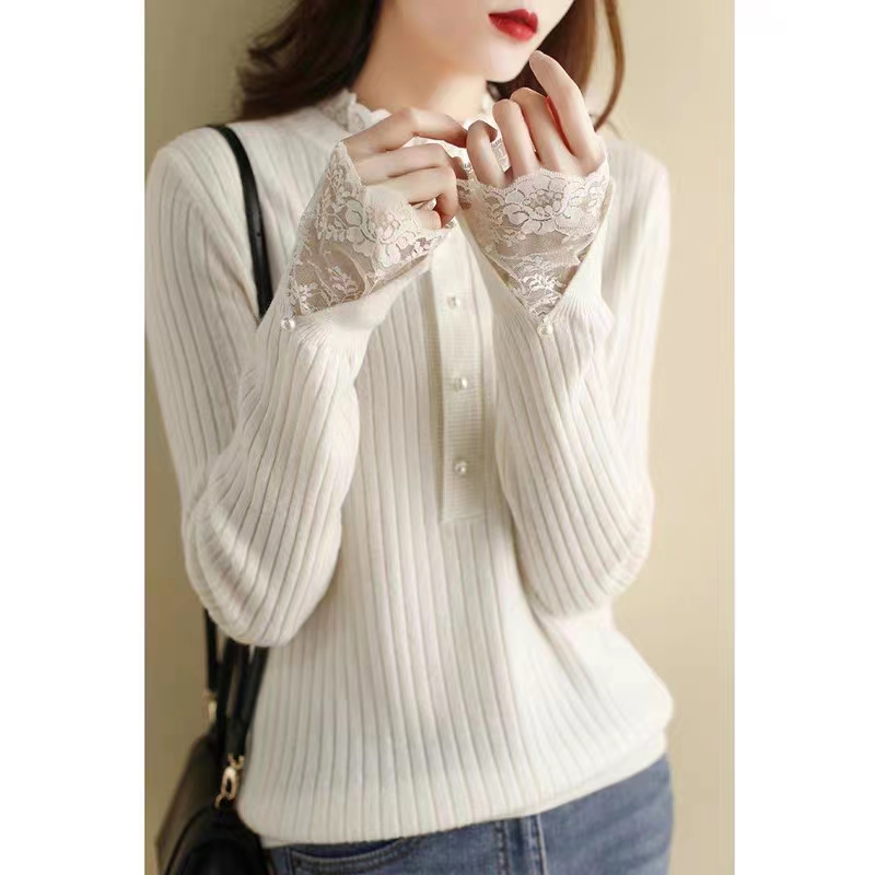 Lace half turtleneck knitted bottoming shirt for women  autumn and winter new inner style versatile sweater short top for women