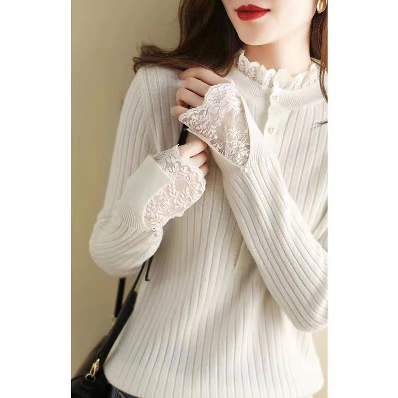 Lace half turtleneck knitted bottoming shirt for women  autumn and winter new inner style versatile sweater short top for women