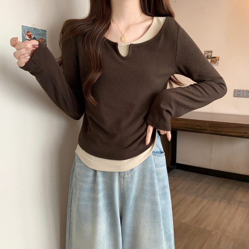 PF24147#大码女装韩版撞色假两件修身辣妹风打底T恤衫上衣女显瘦女裝女裝貨源服裝批發