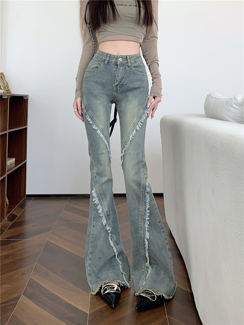 ~New high-waisted slim design raw edge retro bootcut denim trousers for women