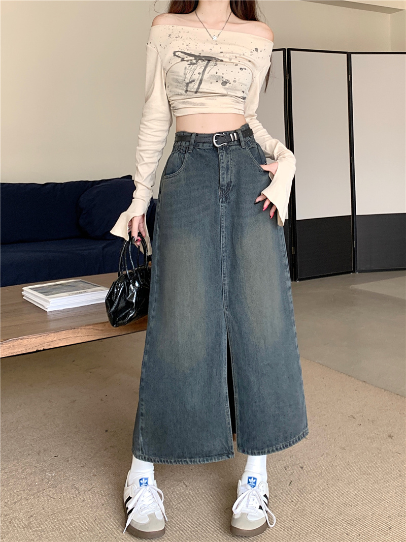 ~New retro slit half-length denim skirt with high waist and slimming A-line long skirt for women