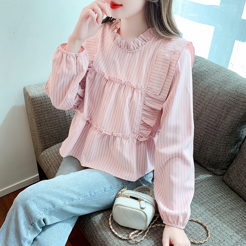 French sweet ruffled white shirt for women spring flying sleeve casual shirt loose long-sleeved babydoll top