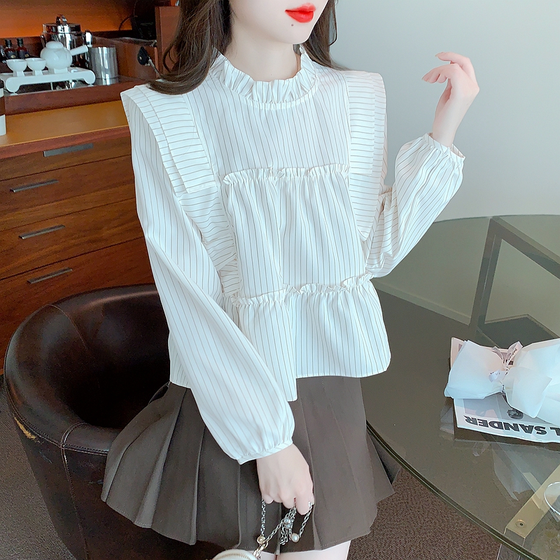 French sweet ruffled white shirt for women spring flying sleeve casual shirt loose long-sleeved babydoll top