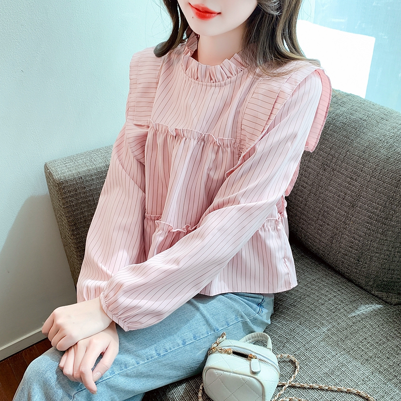 French sweet ruffled white shirt for women spring flying sleeve casual shirt loose long-sleeved babydoll top