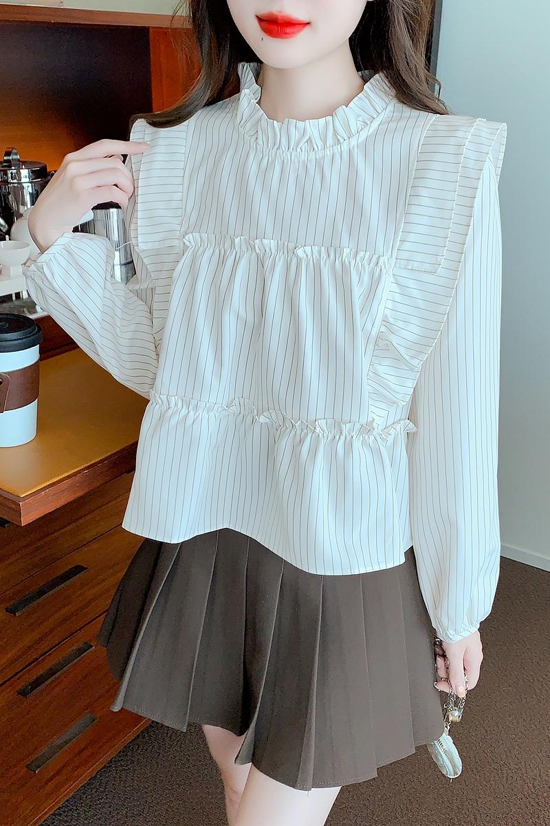 French sweet ruffled white shirt for women spring flying sleeve casual shirt loose long-sleeved babydoll top