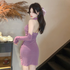 批发实拍 新款 复古甜辣妹时尚露背改良旗袍收腰显瘦包臀连衣裙