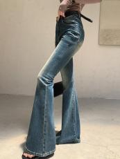 JWUNIQUE蓝色微喇牛仔裤女2023年秋季新款复古高腰修身马蹄裤长裤