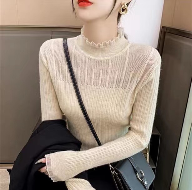  new lace half turtleneck hollow knitted style bottoming shirt for women solid color autumn and winter new slim sweater