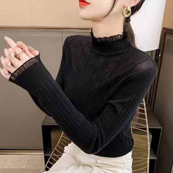  new lace half turtleneck hollow knitted style bottoming shirt for women solid color autumn and winter new slim sweater