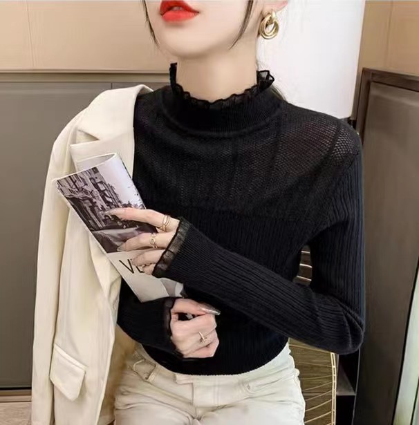  new lace half turtleneck hollow knitted style bottoming shirt for women solid color autumn and winter new slim sweater