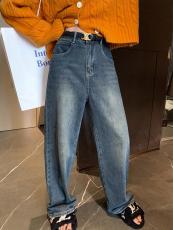 A7seven秋季新款深蓝色牛仔裤女高腰直筒宽松显瘦窄版阔腿长裤子