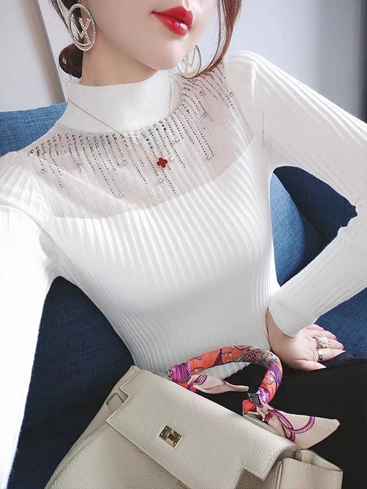 Temperament Slim Knitted Sweater New  Heavy Industry Hot Diamond Long Sleeve High Collar Bottoming Shirt Autumn Korean Top