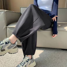 实拍灰色运动裤女秋冬新款显瘦高腰直筒烟管九分裤休闲萝卜哈伦裤