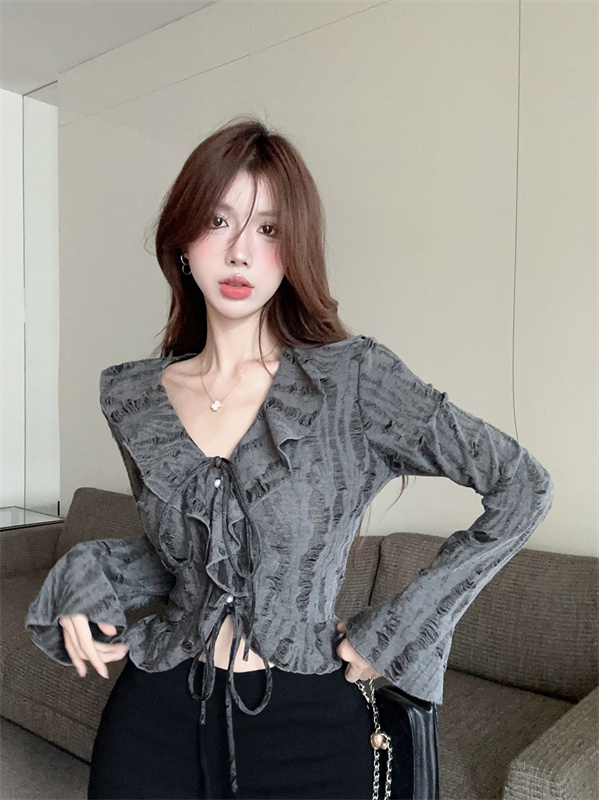 실사 정가 이른 가을 새로운 프랑스식 레트로 베이비 칼라 프릴 레이스업 핫걸 불규칙 맨위