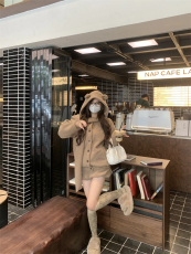 实拍  奶咖小熊羊羔毛连帽加厚花苞短裙裤套装