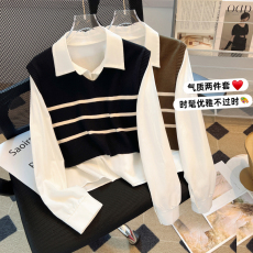 2023秋季韩版设计感条纹针织马甲背心+简约纯色长袖衬衫两件套女