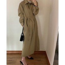 批发现  INS 法式气质复古赫本风翻领宽松腰带长款连衣裙女