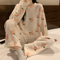 实拍实价~秋冬现货甜美蜜桃珊瑚绒睡衣睡裤套装毛茸茸保暖家居服