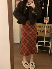 大码实拍 韩版显瘦呢子修身格子半身裙