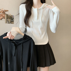 批发实拍~三标齐~气质减龄纯色连帽T恤上衣女秋季新款不规则简约上衣