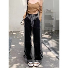 批发实拍美式阔腿修容裤渐变设计感大码牛仔裤女拖地裤宽松直筒裤