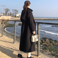 韩版西服领纯色显瘦长款大衣女2023冬气质收腰羊毛呢外套腰带大衣