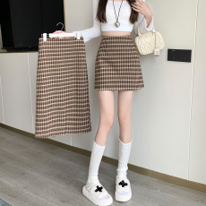 毛呢短裙2023新款高腰格子半身裙女秋冬A字裙包臀裙显瘦冬裙裙子