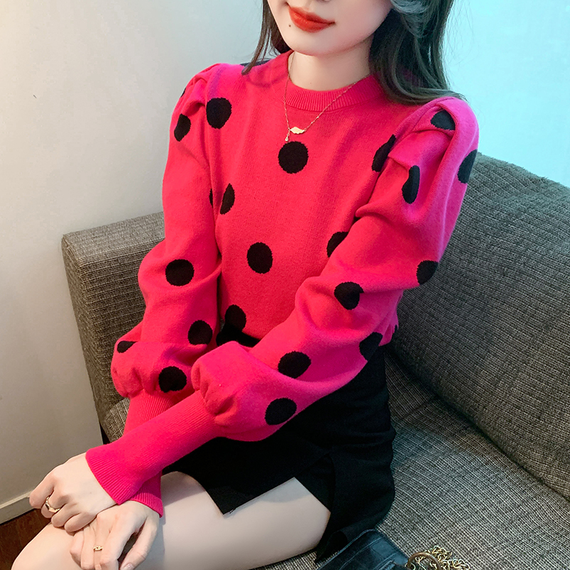 MY15100# 新款圆领宽松小众气质百搭波点撞色泡泡袖针织毛衣女裝貨源服裝批發
