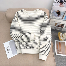 批发实拍珠地复合330克卫衣女2026春秋条纹潮新款薄款圆领长袖t恤上衣