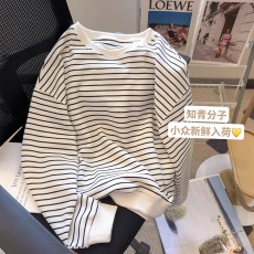 批发官图珠地复合330克卫衣女2026春秋条纹潮新款薄款圆领长袖t恤上衣