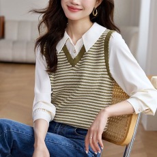 条纹薄款针织衫秋季2023年新款polo领衬衫拼接毛衣假两件长袖上衣