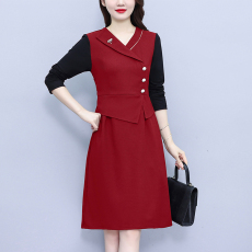 大码女装2023秋冬胖mm针织拼接V领修身简约洋气包臀长袖连衣裙女