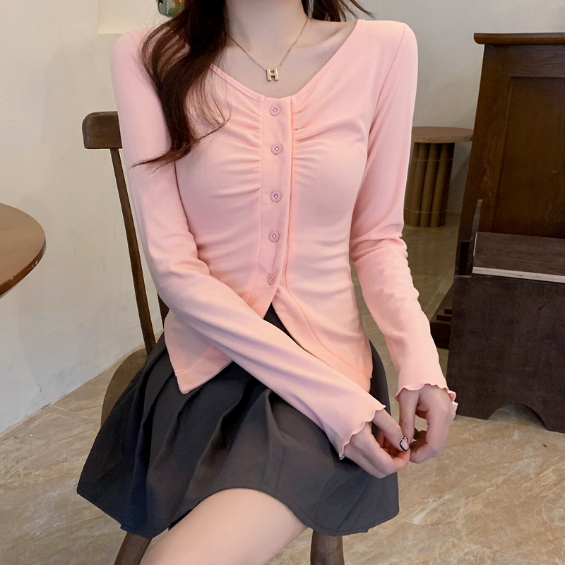 PF23760#甜辣妹褶皱设计感大码V领T恤女秋季新小心机长袖打底上衣女裝貨源服裝批發