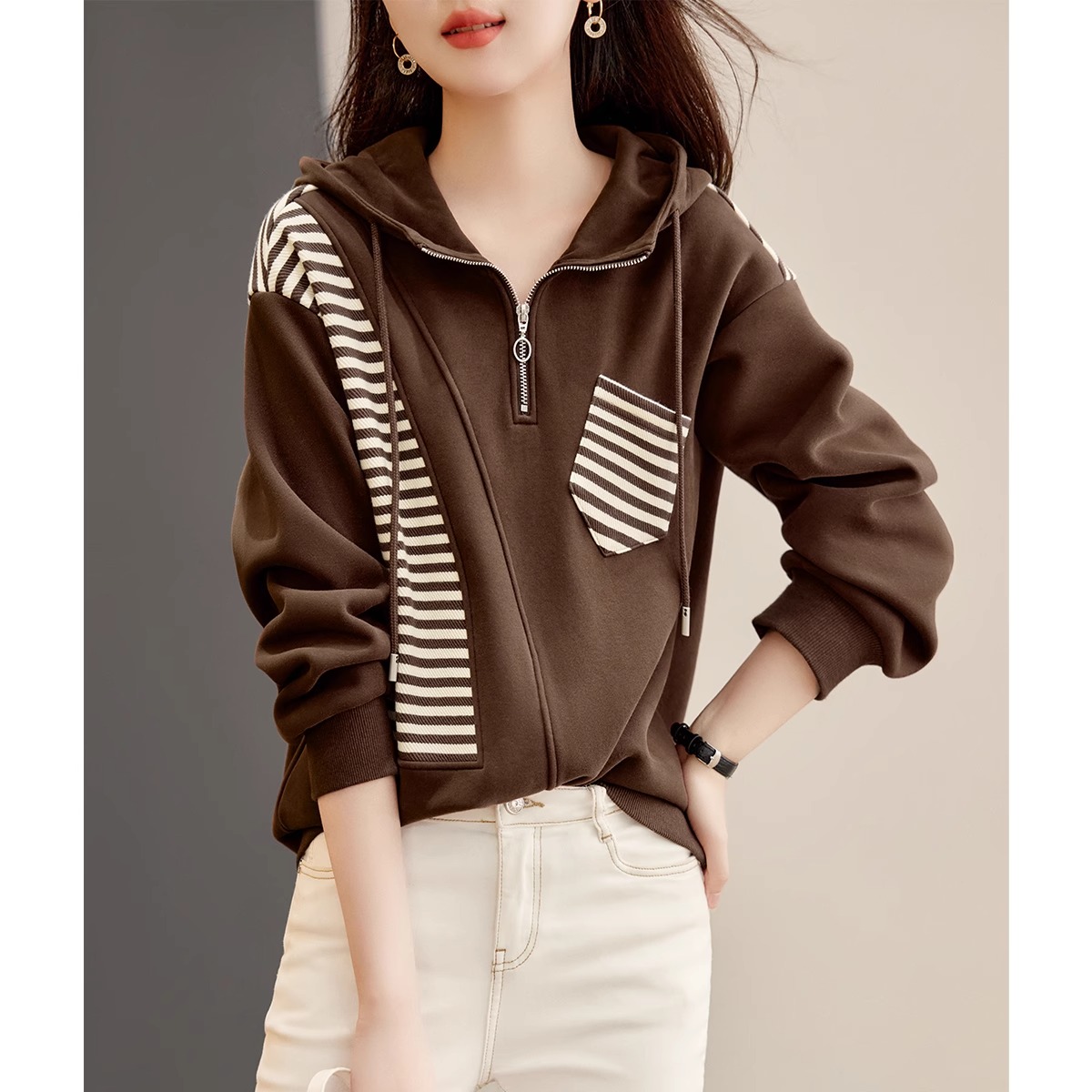 Women's fleece sweatshirt 2024 spring new casual versatile temperament simple hooded pullover top