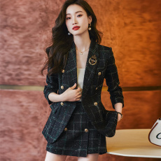 时尚复古格纹西服套装女2023秋冬新款高级感名媛气质长袖职业西装