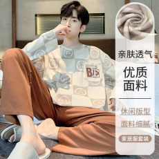 批发秋季纯棉男装圆领长袖长裤睡衣<b class='q'>男士</b>套装休闲家居服