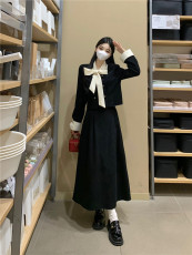 实拍 大码法式赫本风小香风新款撞色蝴蝶结上衣外套半身裙套装