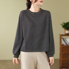 批发条纹长袖T恤女秋冬2025新款圆领宽松韩版内搭<b class='q'>打底衫</b>百搭上衣